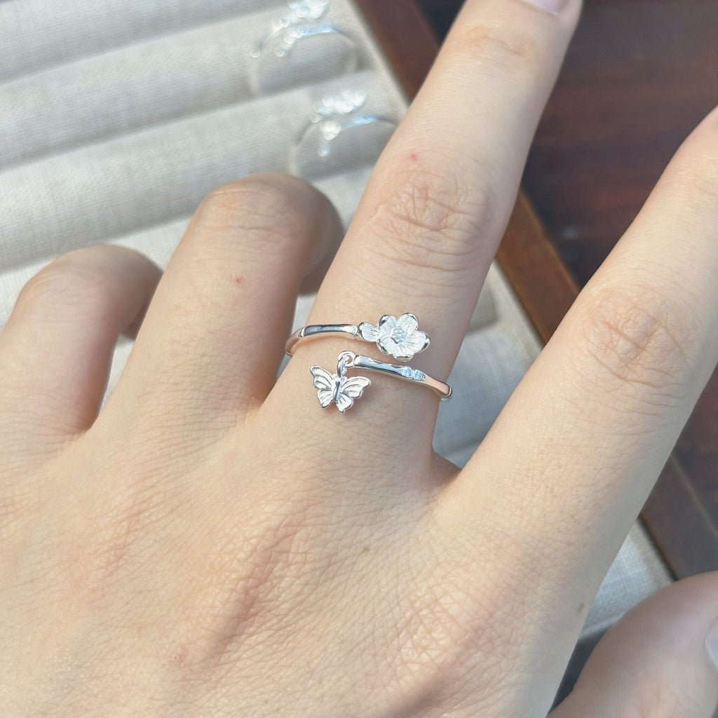 Bague Ouverte en Argent Sterling 999 avec Charms Bambou Fleurs Papillon, Style Naturel, Parfaite pour le Quotidien et Cadeau de Saint-Valentin