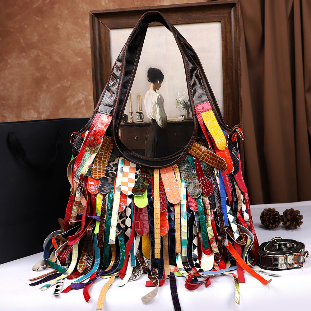 Sac Cabas en Cuir de Vachette à Franges avec Grande Capacité et Bandoulière