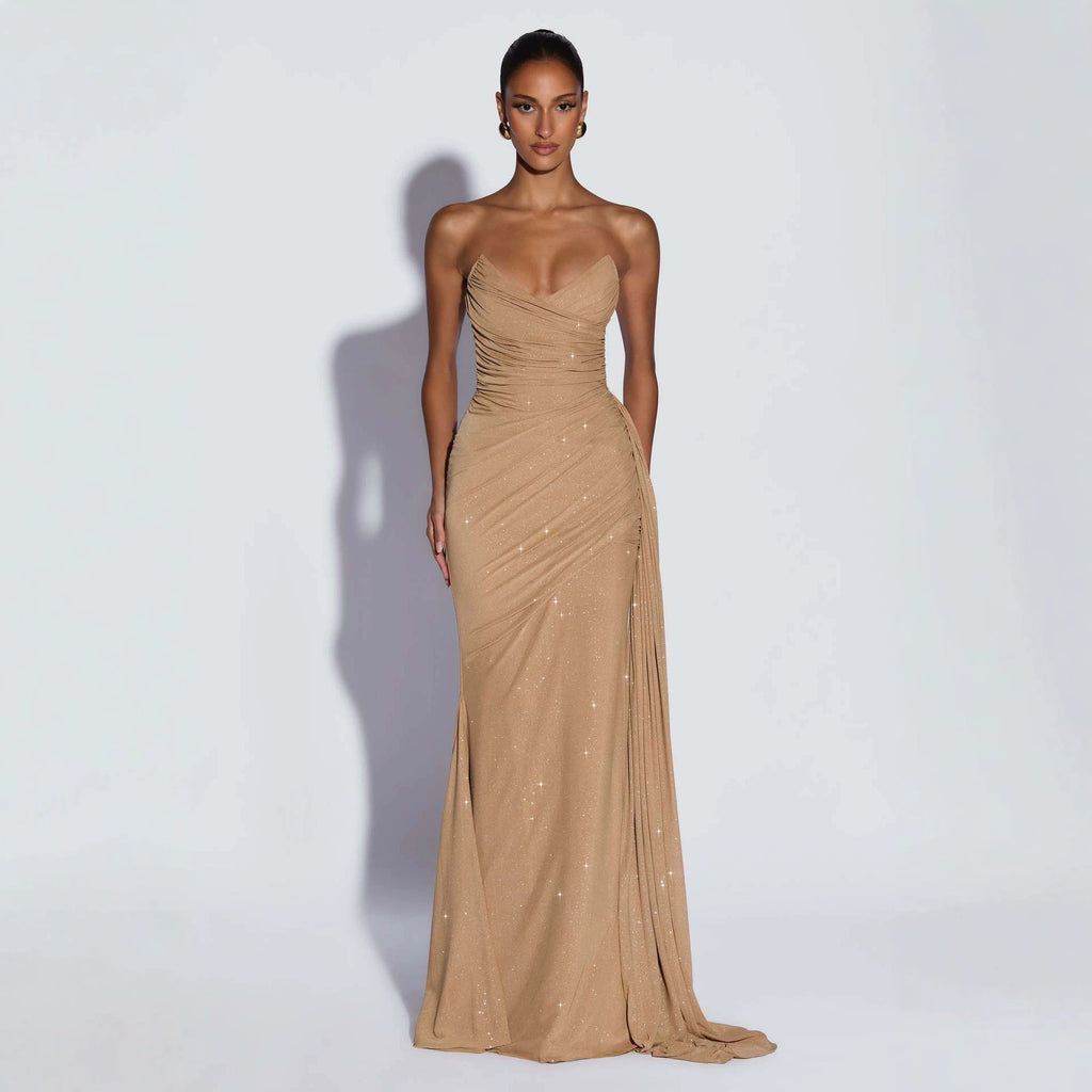 Robe de soirée longue sans bretelles européenne et américaine scintillante avec ceinture croisée