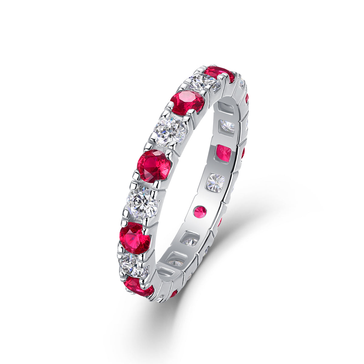 Bague d'éternité en argent S925 plaqué platine 2,4g avec rubis synthétique et pierres blanches - bague délicate empilable pour femme