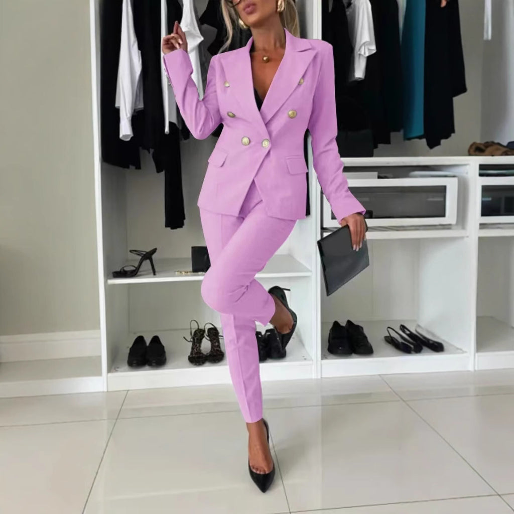 Nouveau ensemble bureau femme : veste boutonnée col revers et pantalon slim casual