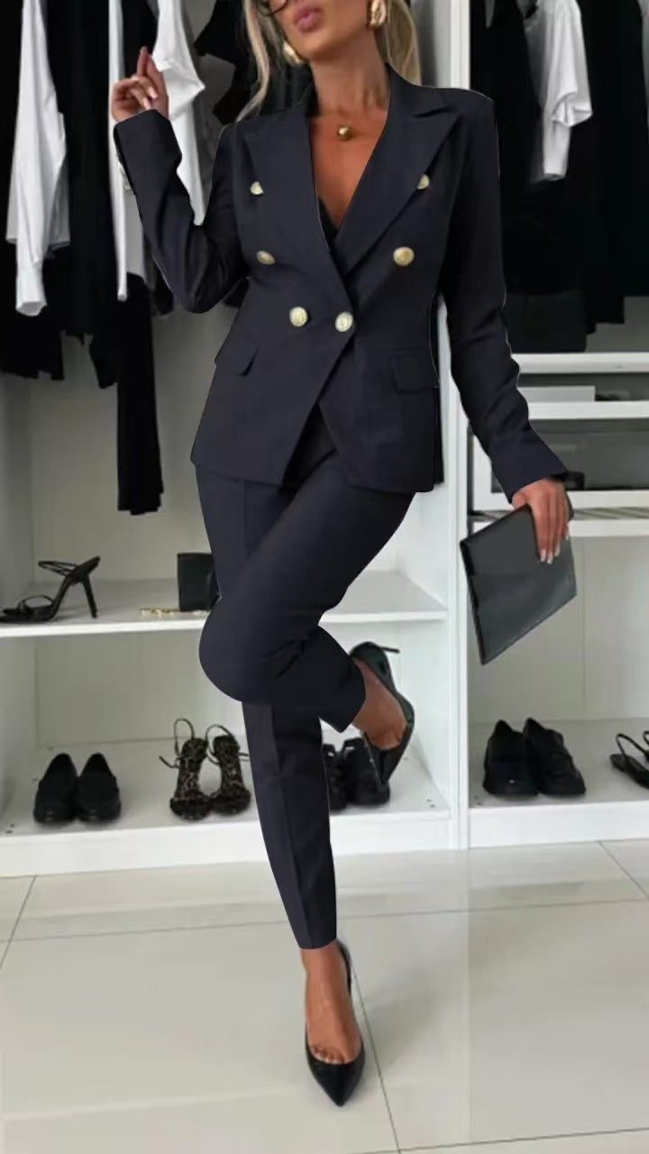 Nouveau ensemble bureau femme : veste boutonnée col revers et pantalon slim casual