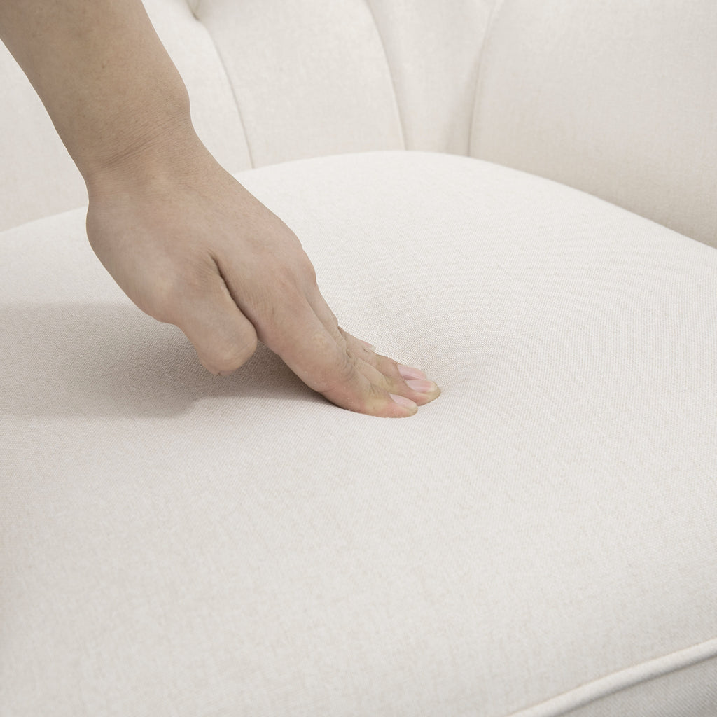 Fauteuil à bascule en tissu style milieu du siècle, fauteuil convertible capitonné à oreilles avec siège rembourré, base en bois d’hévéa pour maison, studio, chambre, salon, blanc crème