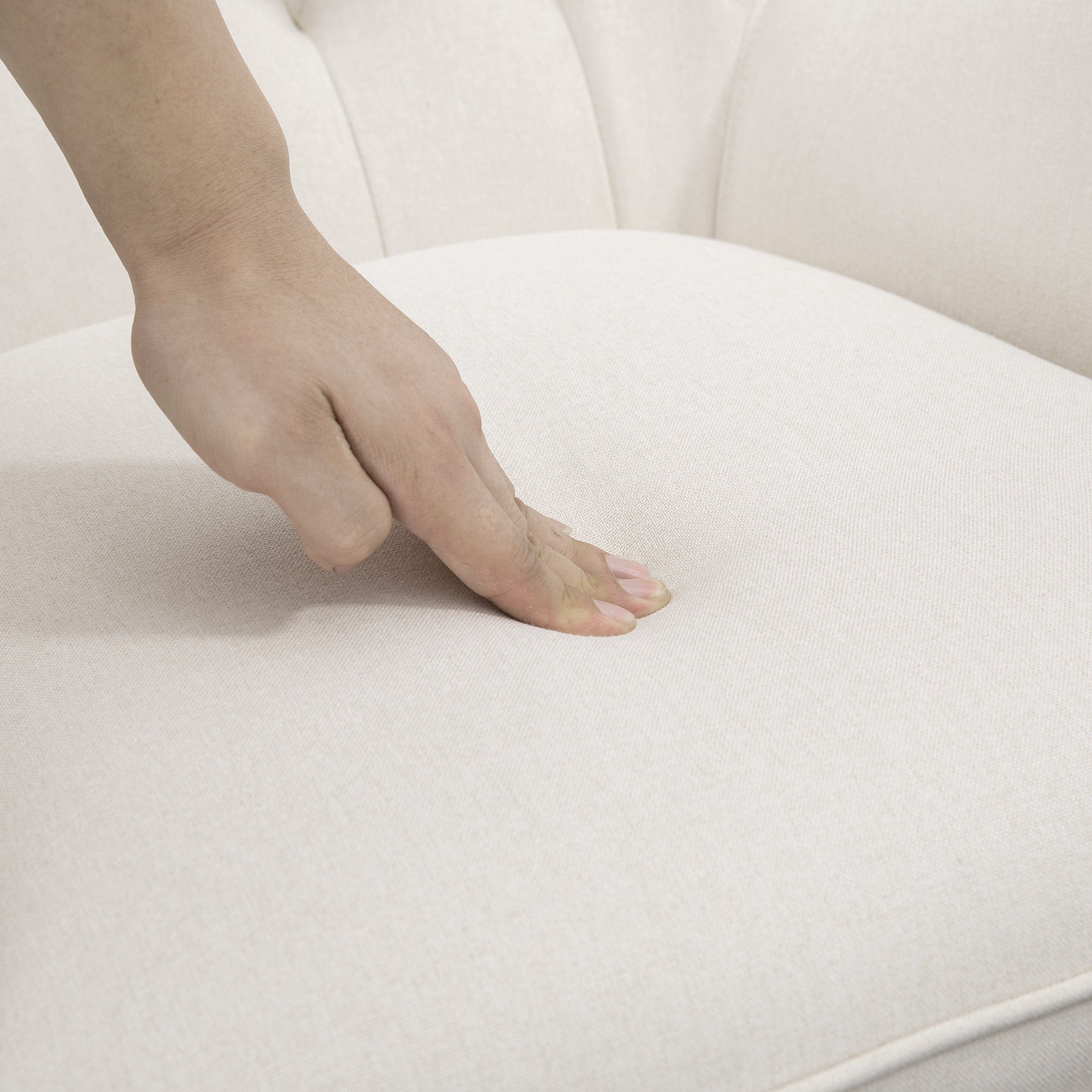 Fauteuil à bascule en tissu style milieu du siècle, fauteuil convertible capitonné à oreilles avec siège rembourré, base en bois d’hévéa pour maison, studio, chambre, salon, blanc crème