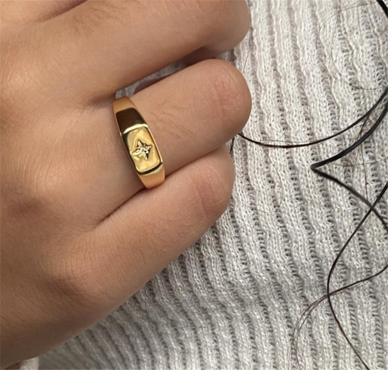 French Six-pointed Star Seal Ring With 18k Gold Inlay