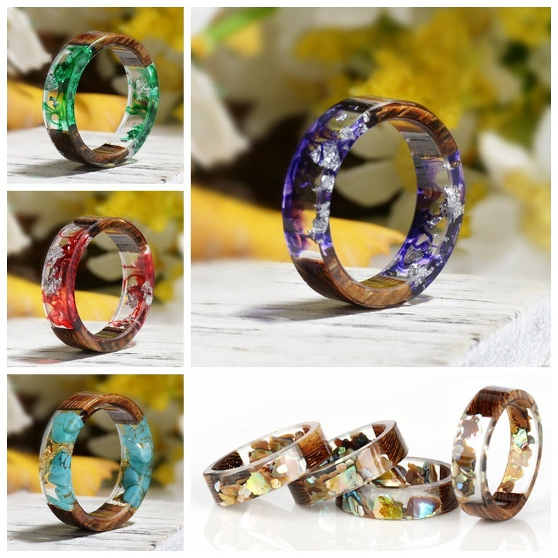 Bague en Résine en Bois Artisanale DIY avec Fleurs Séchées pour le Commerce Étranger Transfrontalier