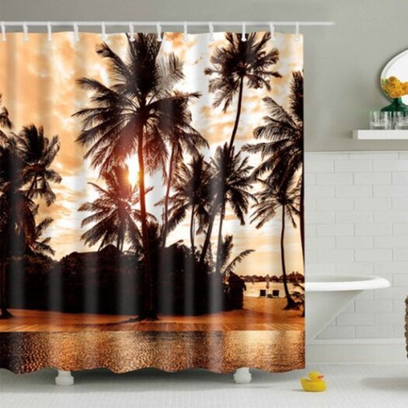 Rideau de douche imperméable en polyester avec imprimé feuilles de palmier 150-200 cm