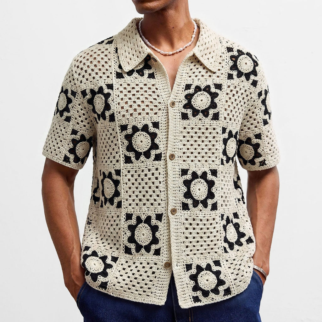 Chemise Homme d'Été à Manches Courtes en Crochet Ajourné Style Plaid Abricot