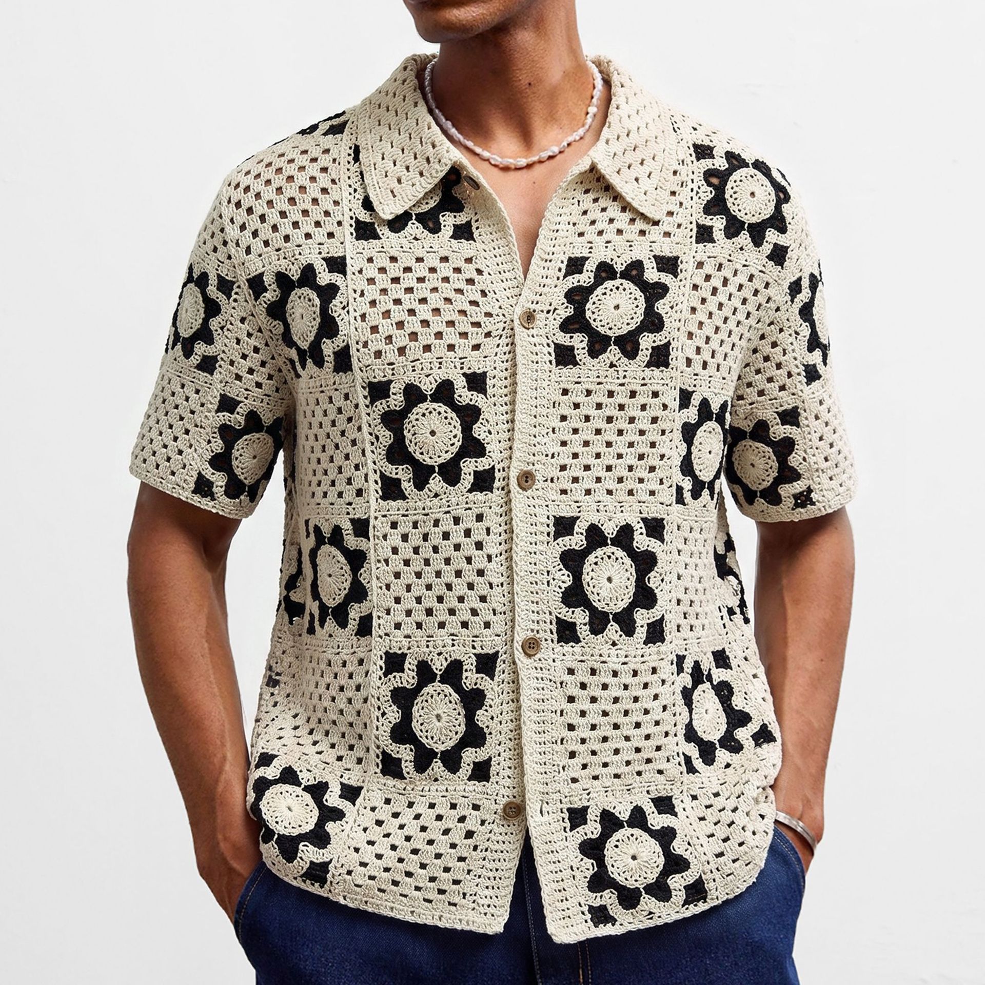 Chemise Homme d'Été à Manches Courtes en Crochet Ajourné Style Plaid Abricot