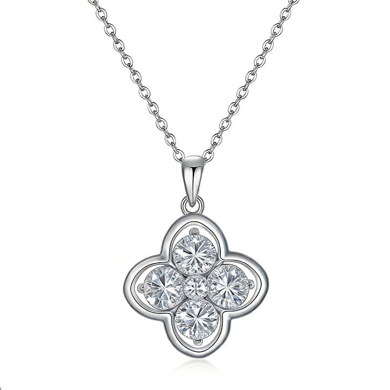 Collier Trèfle en Argent Sterling S925 4 pierres Moissanite 5mm Rond, 45cm, Plaqué Or Platine, Coffret Cadeau Certifié GRA