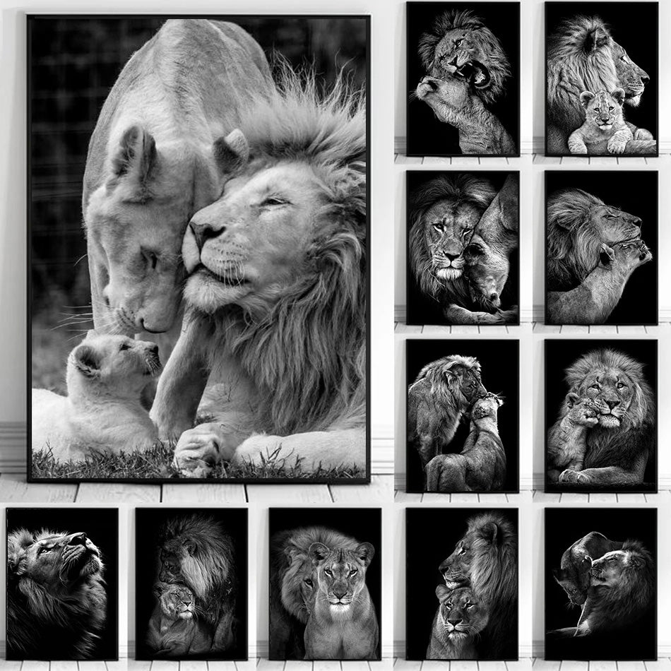 Affiche de Famille de Lions Noir et Blanc Impression sur Toile