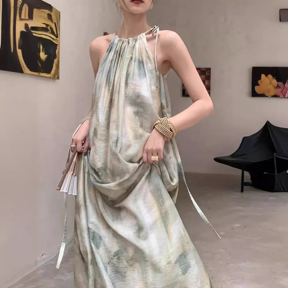Robe sans manches style chinois à col noué avec teinture dégradée ombrée verte élégante