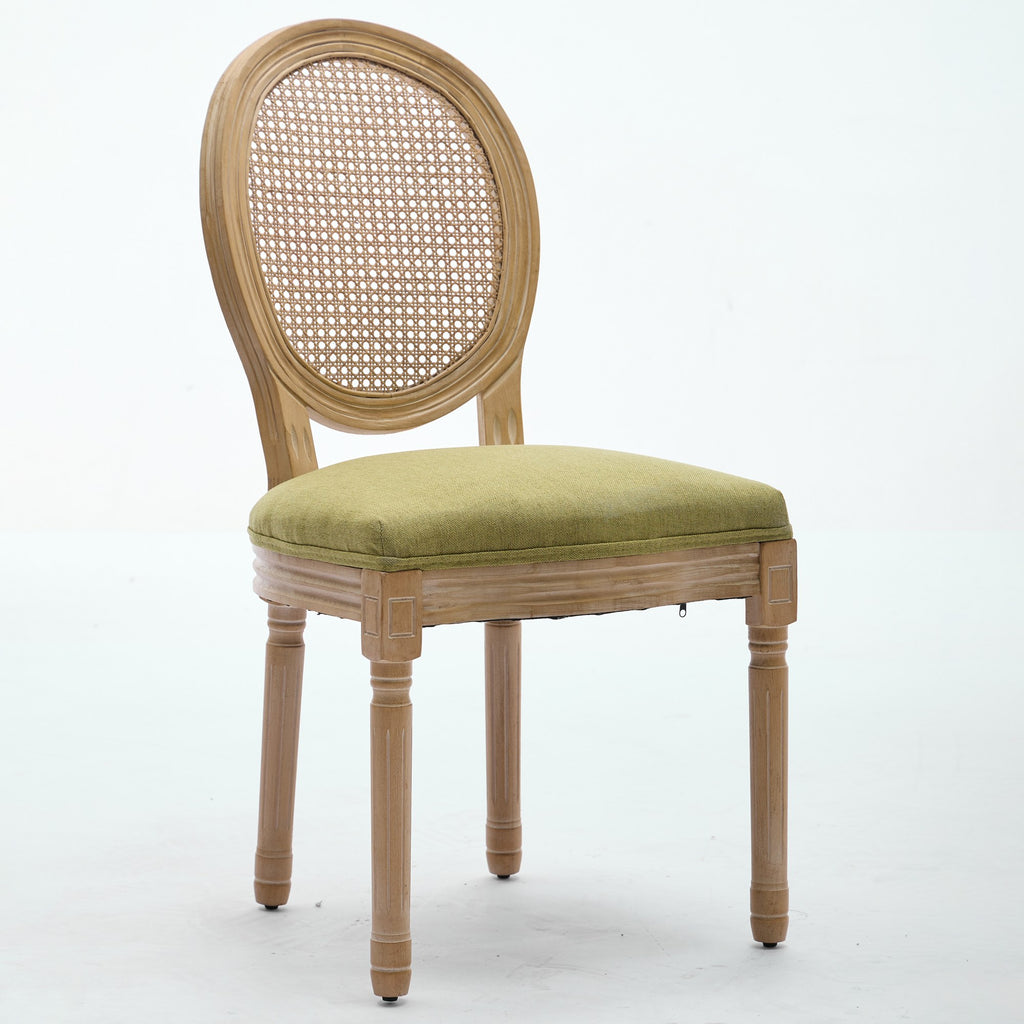 A&A Furniture, Chaise de salle à manger style français Cadre en bois massif Peinture antique Tissu en lin Dossier en rotin, Lot de 2, Olive-Vert