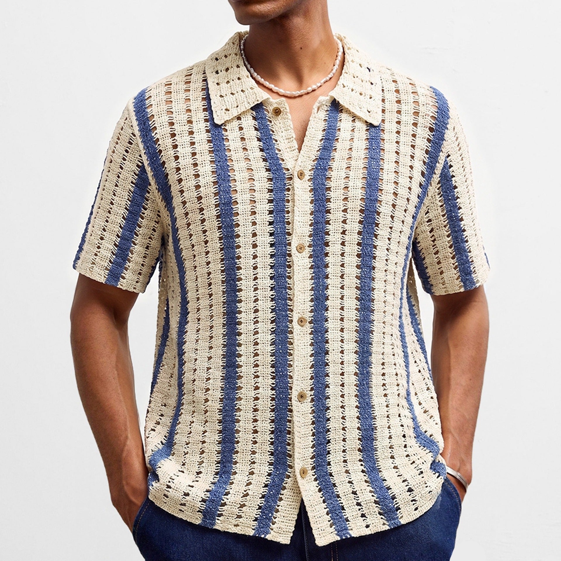 Pull homme en coton pur à maille ajourée crochetée, design rayé abricot