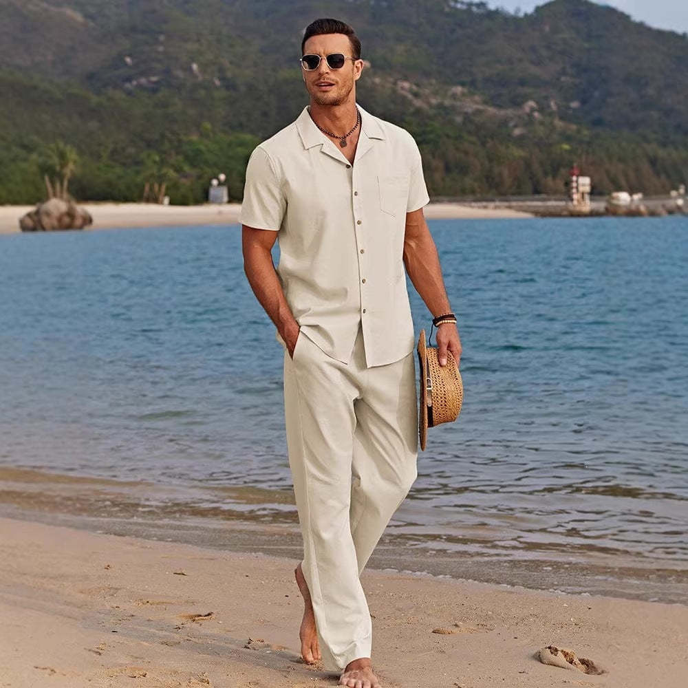 Ensemble Homme Chemise de Plage et Pantalon Décontracté Ample Confortable