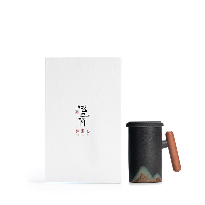 Tasse peinte à la main Factory Creative Yuanshan avec poigné en bois, tasse à thé en céramique avec couvercle et filtre, trois pièces, bureau, maison