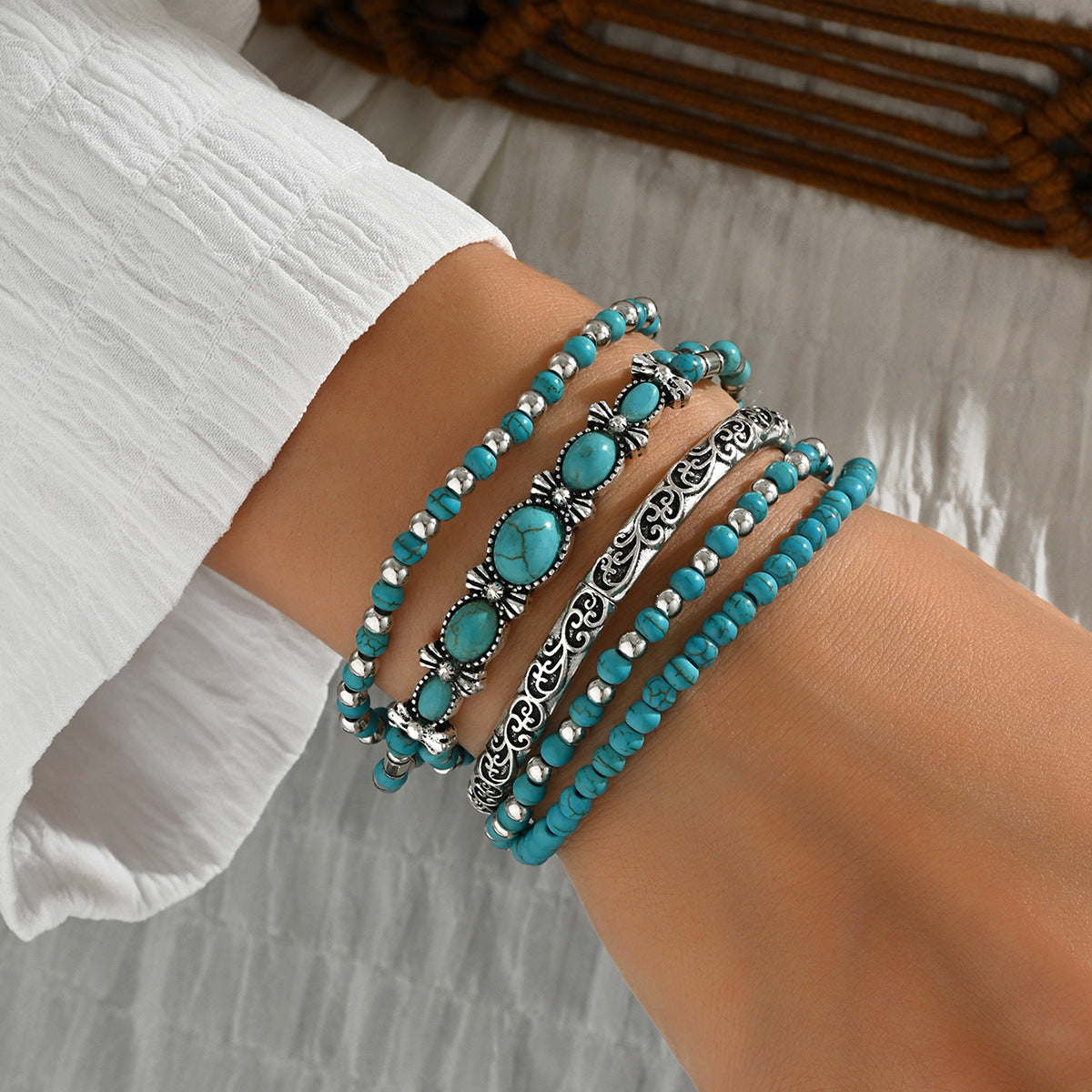 Ensemble de bracelets à perles et nœud — turquoise vintage, lot de 5