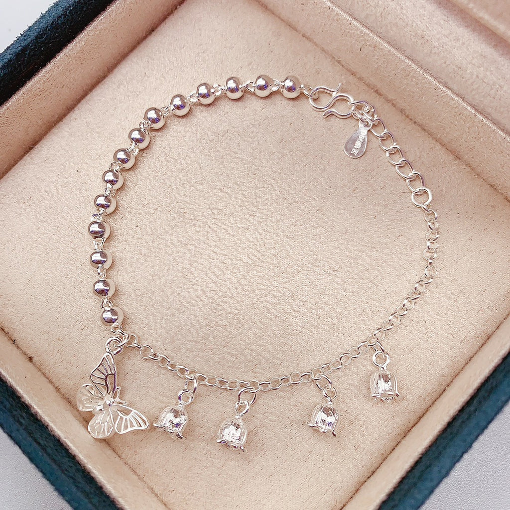 Bracelet 1 pièce en argent sterling 999 à perles, clochettes et papillons - style romantique élégant, cadeau idéal anniversaire et fêtes