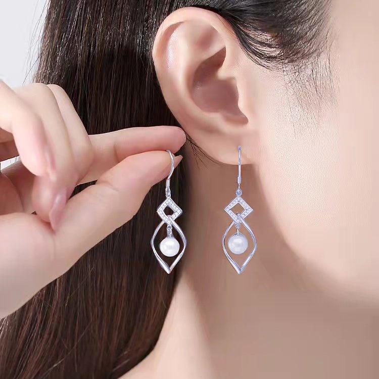 1 Pair 999 Sterling Silver Zircon Rhombus Twist Pearl Drop Earrings, Elegant & Slimming, Perfect For Daily, Party & Dating, Ideal Valentine's Gift - IVOIRART.COM
