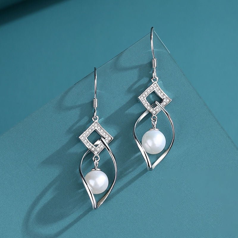 1 Pair 999 Sterling Silver Zircon Rhombus Twist Pearl Drop Earrings, Elegant & Slimming, Perfect For Daily, Party & Dating, Ideal Valentine's Gift - IVOIRART.COM