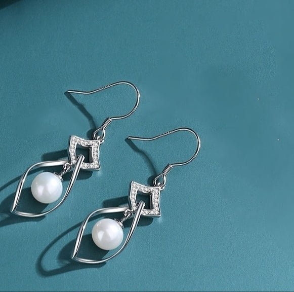 1 Pair 999 Sterling Silver Zircon Rhombus Twist Pearl Drop Earrings, Elegant & Slimming, Perfect For Daily, Party & Dating, Ideal Valentine's Gift - IVOIRART.COM
