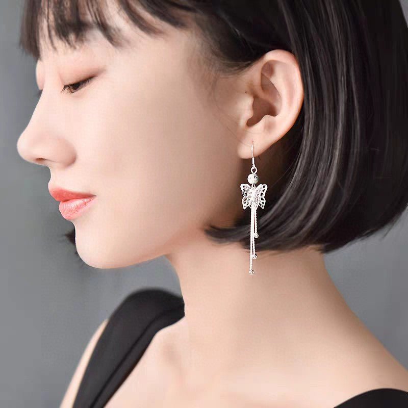 1 Pair Sterling Silver Hollow Butterfly Long Tassel Earrings, Elegant & Slimming, Perfect For Daily, Party & Dating, Ideal Valentine's Gift - IVOIRART.COM