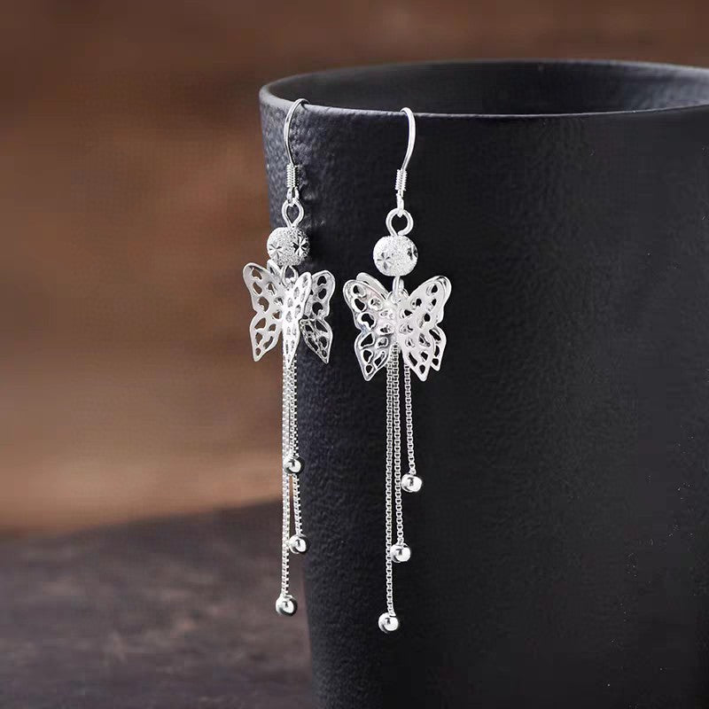 1 Pair Sterling Silver Hollow Butterfly Long Tassel Earrings, Elegant & Slimming, Perfect For Daily, Party & Dating, Ideal Valentine's Gift - IVOIRART.COM