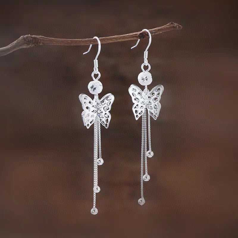 1 Pair Sterling Silver Hollow Butterfly Long Tassel Earrings, Elegant & Slimming, Perfect For Daily, Party & Dating, Ideal Valentine's Gift - IVOIRART.COM