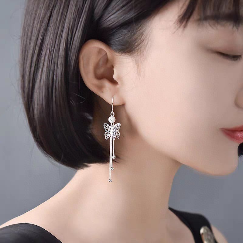 1 Pair Sterling Silver Hollow Butterfly Long Tassel Earrings, Elegant & Slimming, Perfect For Daily, Party & Dating, Ideal Valentine's Gift - IVOIRART.COM