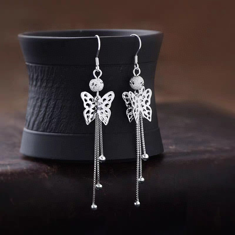 1 Pair Sterling Silver Hollow Butterfly Long Tassel Earrings, Elegant & Slimming, Perfect For Daily, Party & Dating, Ideal Valentine's Gift - IVOIRART.COM