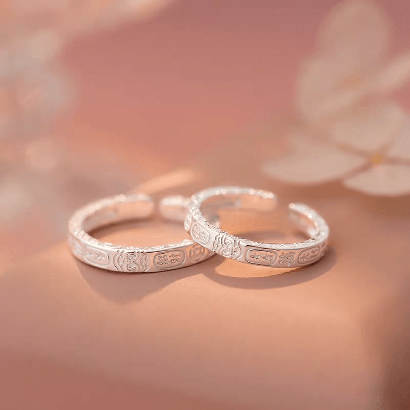 1 Paire de Bagues Couple en Argent 999 Gravées Totem Porte - Bonheur, Style Rétro Minimaliste, Idéales pour Porter Quotidien et Cadeau de Saint - Valentin - IVOIRART.COM