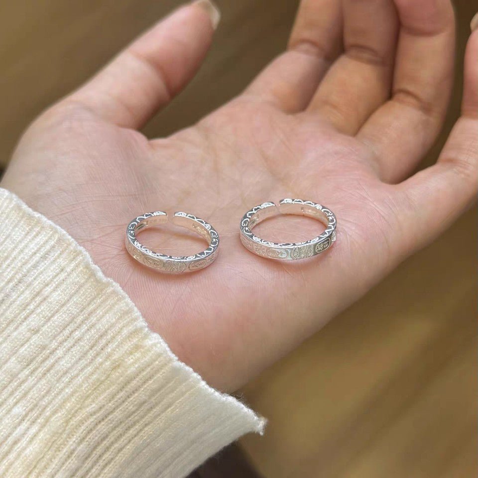 1 Paire de Bagues Couple en Argent 999 Gravées Totem Porte - Bonheur, Style Rétro Minimaliste, Idéales pour Porter Quotidien et Cadeau de Saint - Valentin - IVOIRART.COM
