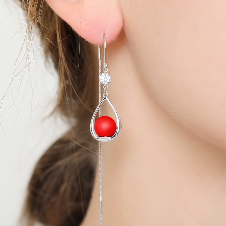 1 Paire de Boucles d'Oreilles Longues en Argent 999 Sterling avec Goutte de Zircon et Perle Rouge, Élégantes et Polyvalentes - IVOIRART.COM