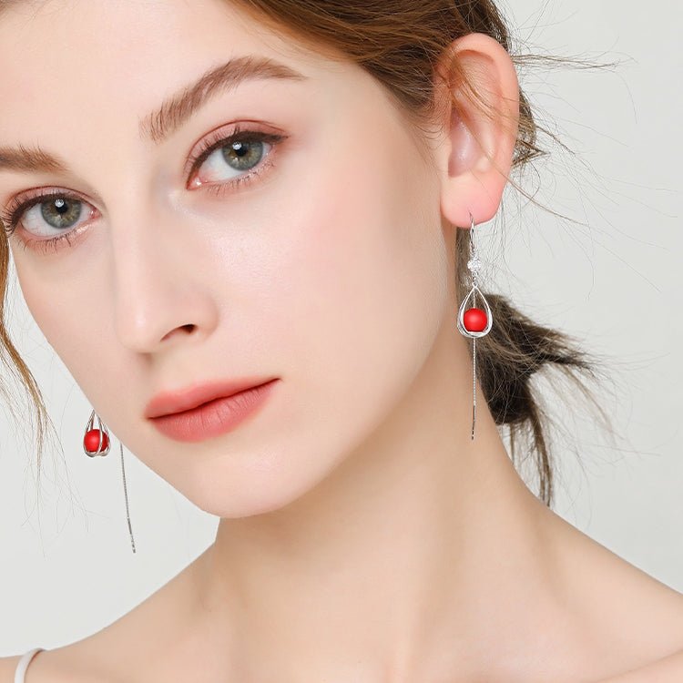 1 Paire de Boucles d'Oreilles Longues en Argent 999 Sterling avec Goutte de Zircon et Perle Rouge, Élégantes et Polyvalentes - IVOIRART.COM