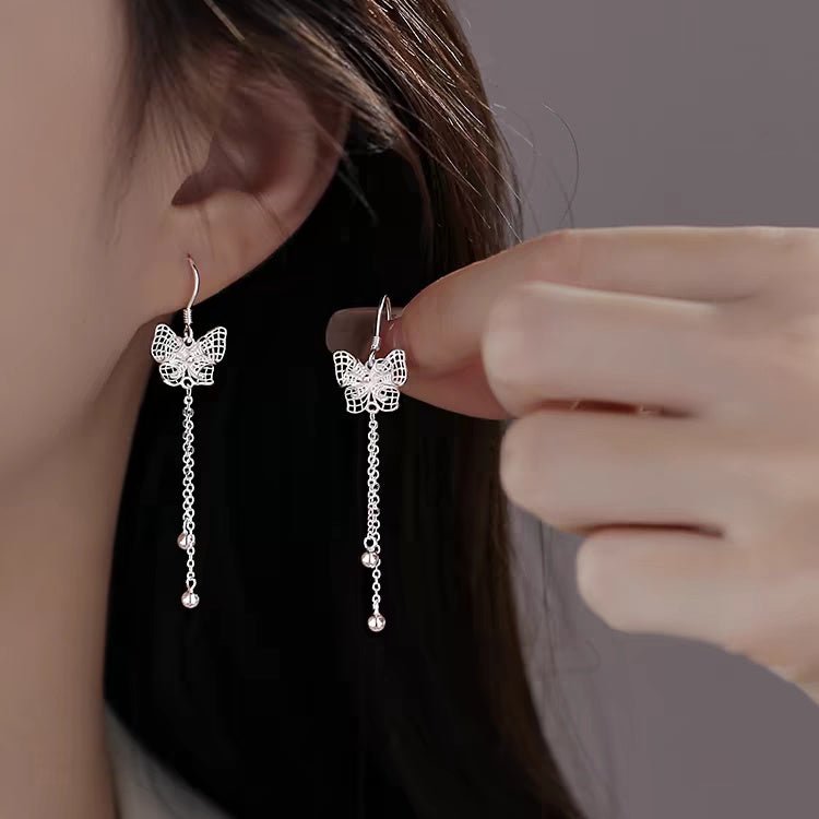 1 Paire de Boucles d'Oreilles Longues Papillon Ajouré en Argent 999, Élégantes et Polyvalentes - IVOIRART.COM