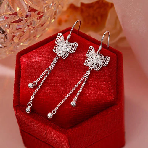 1 Paire de Boucles d'Oreilles Longues Papillon Ajouré en Argent 999, Élégantes et Polyvalentes - IVOIRART.COM