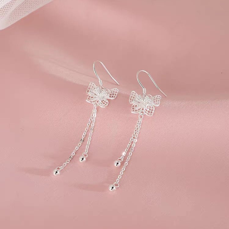 1 Paire de Boucles d'Oreilles Longues Papillon Ajouré en Argent 999, Élégantes et Polyvalentes - IVOIRART.COM