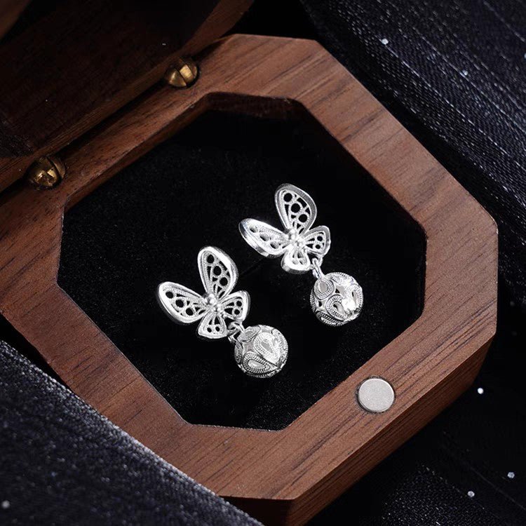 1 Paire de Boucles d'Oreilles Papillon Creuses en Filigrane Argent Sterling 999, Style Rétro Élégant, Parfaites pour Quotidien, Rendez-vous & Cadeau, Idée Cadeau Saint-Valentin - IVOIRART.COM