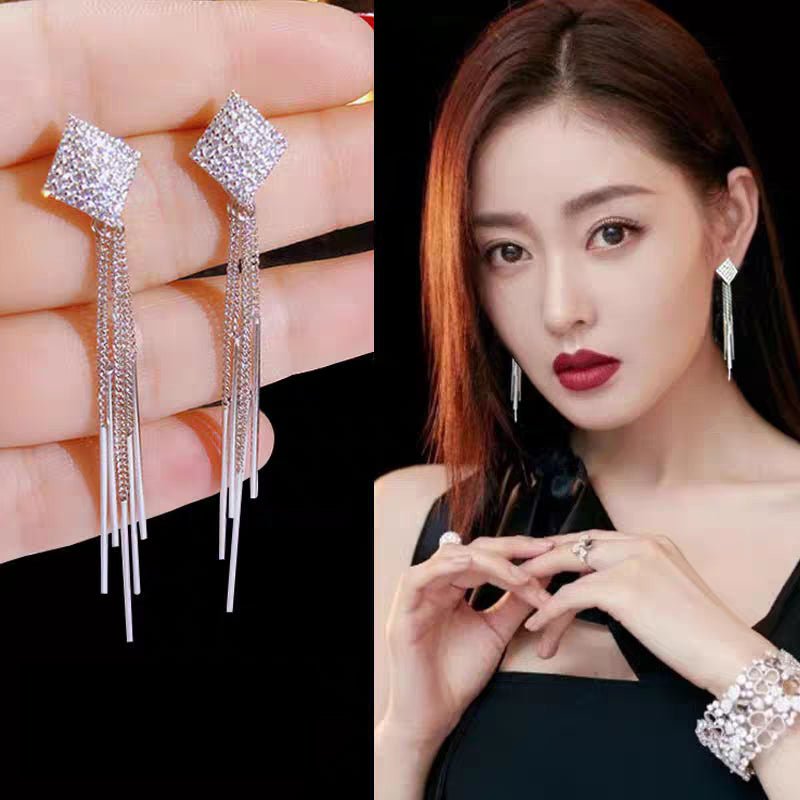 1 Paire de Boucles d'Oreilles Pendantes Carrées Longues en Argent Sterling 999 avec Diamants, Éclatantes & Élégantes, Parfaites Quotidien, Rendez-vous & Fêtes, Cadeau Idéal pour la Saint-Valentin - IVOIRART.COM