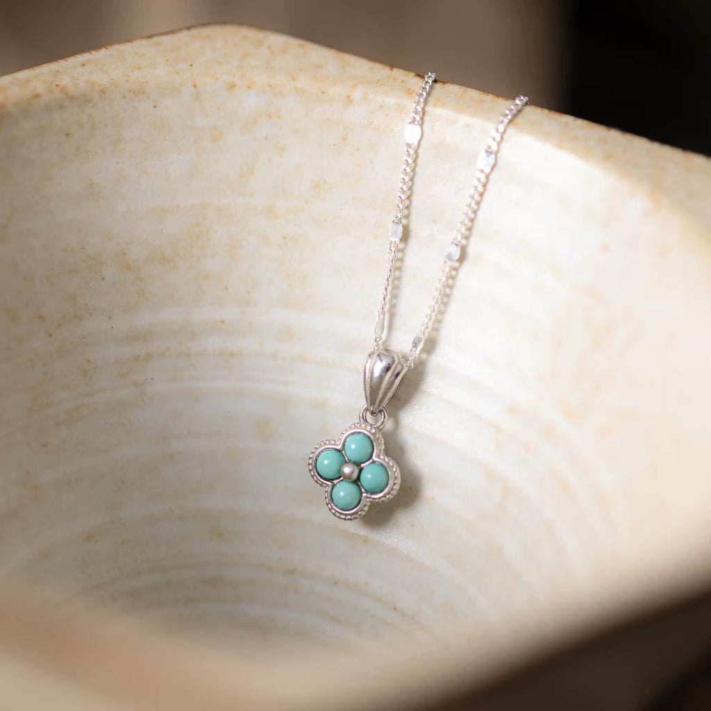 1 Piece 999 Sterling Silver Turquoise Clover Necklace, Fresh & Elegant, Perfect For Daily, Dating & Gifting, Ideal Valentine's Gift - IVOIRART.COM