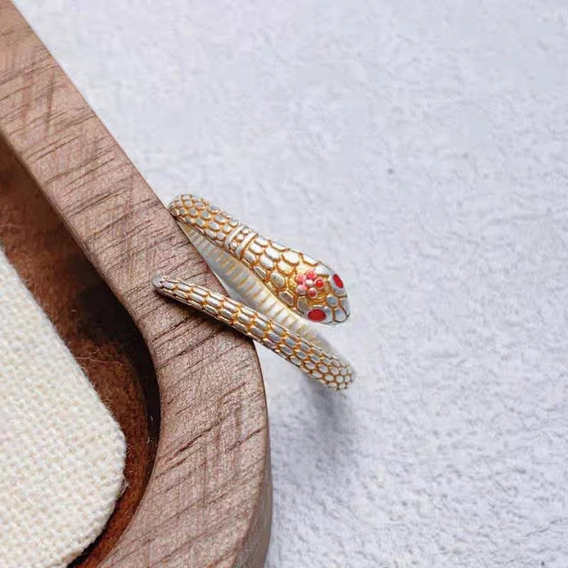Bague Ouverte Serpent Fleur de Pêcher Émaillée Or massif 999 Argent Sterling, Élégance Rétro, Parfaite Quotidien, Rendez-vous et Cadeau, Idéal Saint-Valentin