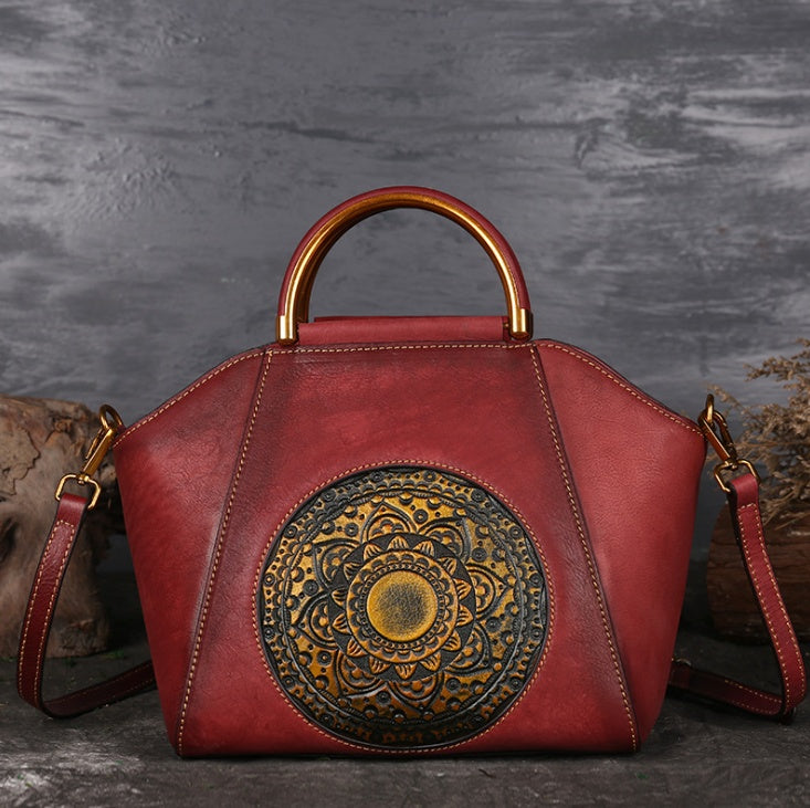 Sac à main en cuir véritable embossé avec anse supérieure - Sac à bandoulière rétro en cuir naturel pour femmes - Motif Totem - Sac fourre-tout de haute qualité