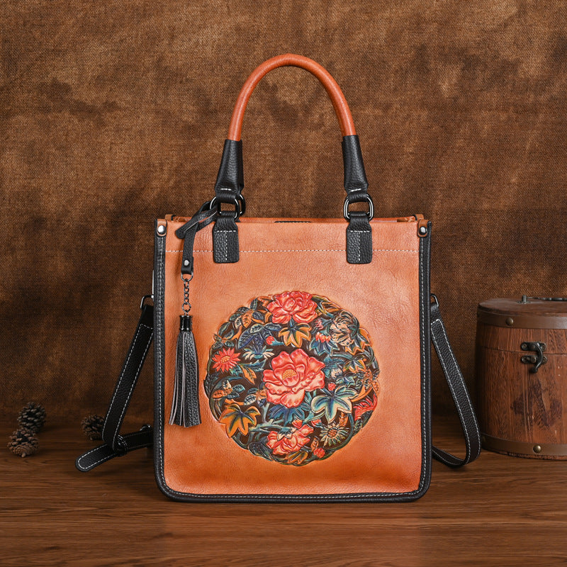 Sac bandoulière à épaule en cuir de vachette pleine fleur style chinois traditionel