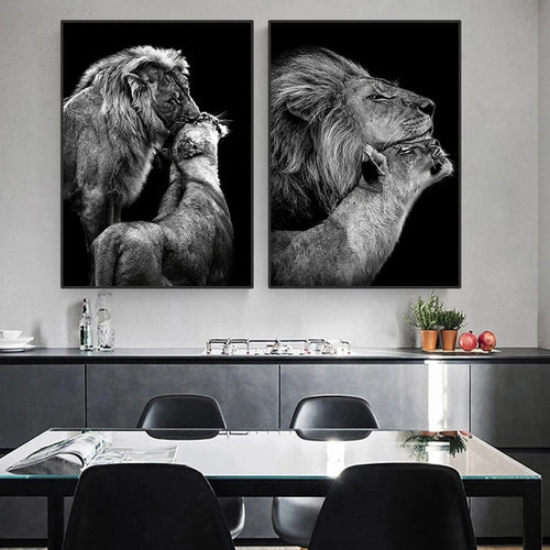 Affiche de Famille de Lions Noir et Blanc Impression sur Toile