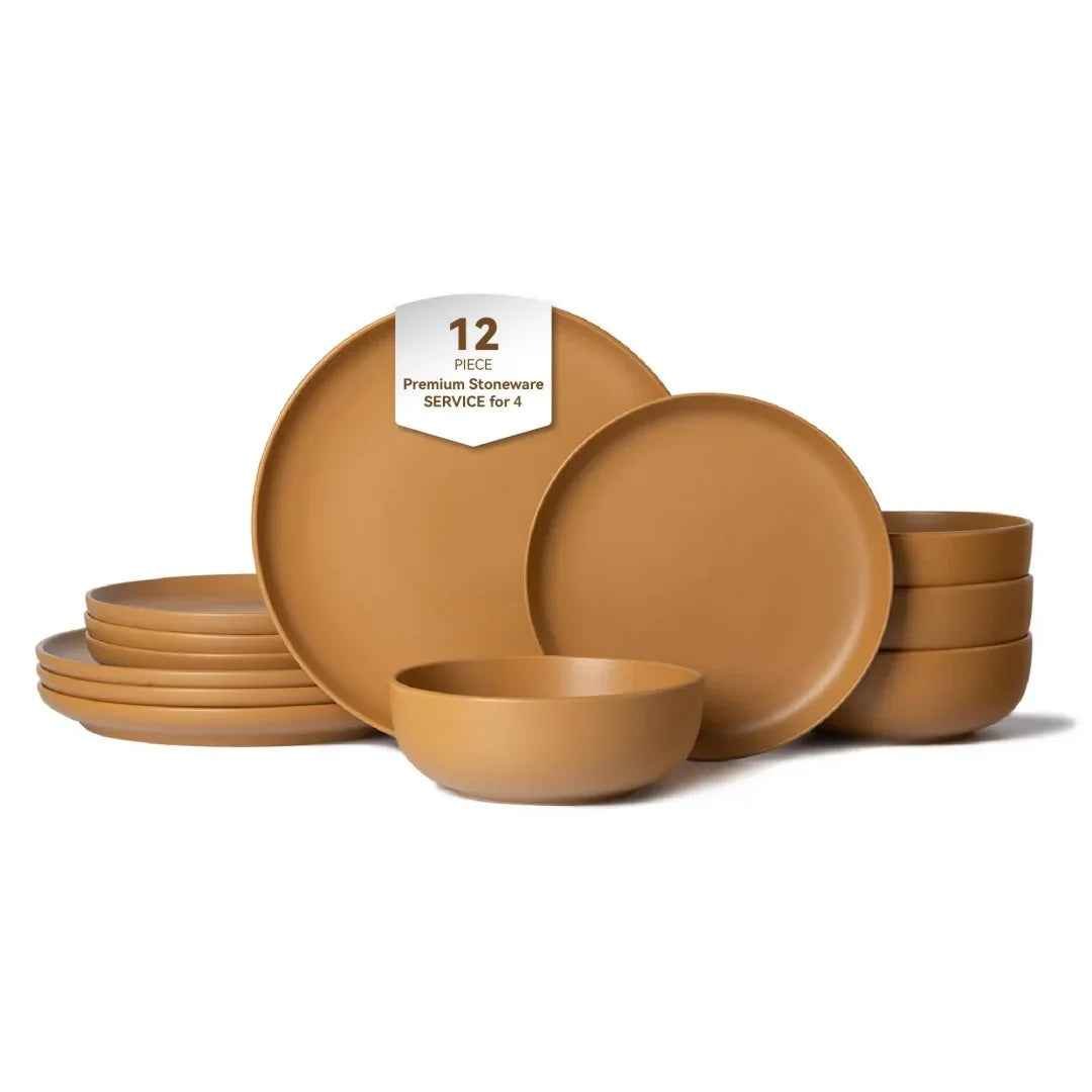 12 - Piece Stoneware Dinner Plates Bowls Sets Microwave & Dishwasher Safe Non - Toxic Dinner Plates Bowls Set Stackable Matte Glaze Kitchenware For 4 - IVOIRART.COM