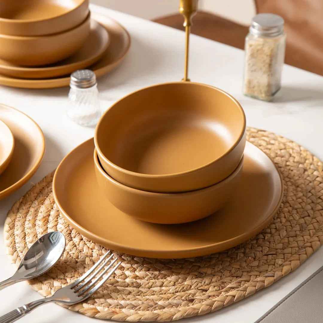 12 - Piece Stoneware Dinner Plates Bowls Sets Microwave & Dishwasher Safe Non - Toxic Dinner Plates Bowls Set Stackable Matte Glaze Kitchenware For 4 - IVOIRART.COM