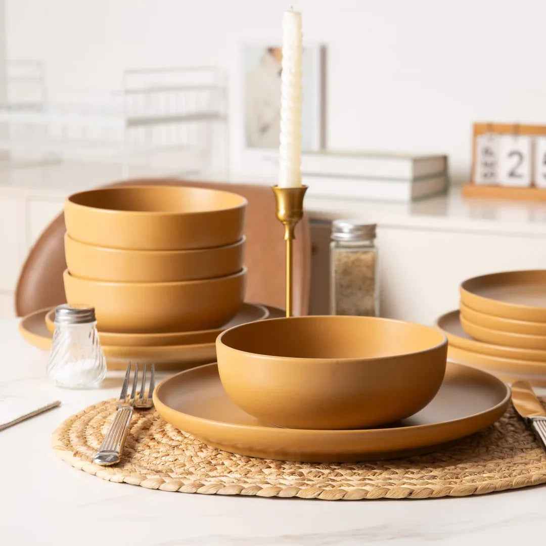 12 - Piece Stoneware Dinner Plates Bowls Sets Microwave & Dishwasher Safe Non - Toxic Dinner Plates Bowls Set Stackable Matte Glaze Kitchenware For 4 - IVOIRART.COM