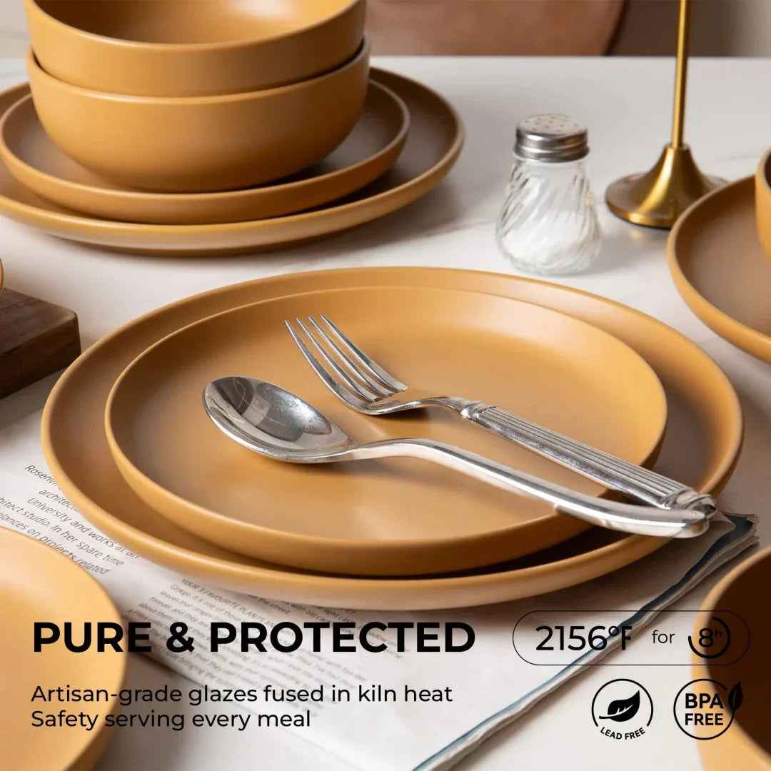 12 - Piece Stoneware Dinner Plates Bowls Sets Microwave & Dishwasher Safe Non - Toxic Dinner Plates Bowls Set Stackable Matte Glaze Kitchenware For 4 - IVOIRART.COM
