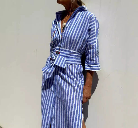 Robe Chemise Rayée Avec Ceinture, Manches Mi-longues, Col Revers, Boutons – Vêtement Femme Élégant