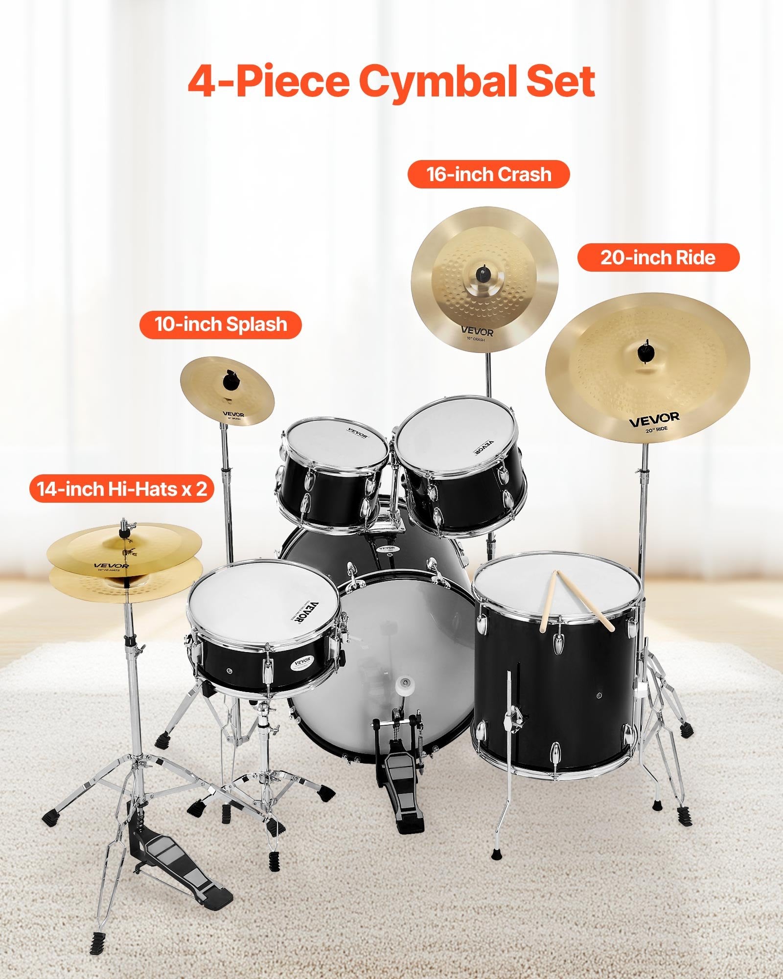 Pack de cymbales, 4 pièces pour batterie - cymbales en alliage avec hi-hats 14